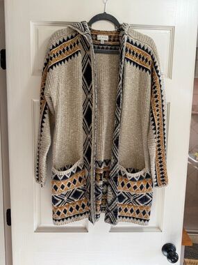 Lucky Brand Hooded Open-Front Cardigan Sweater - Cream, Mustard & Navy